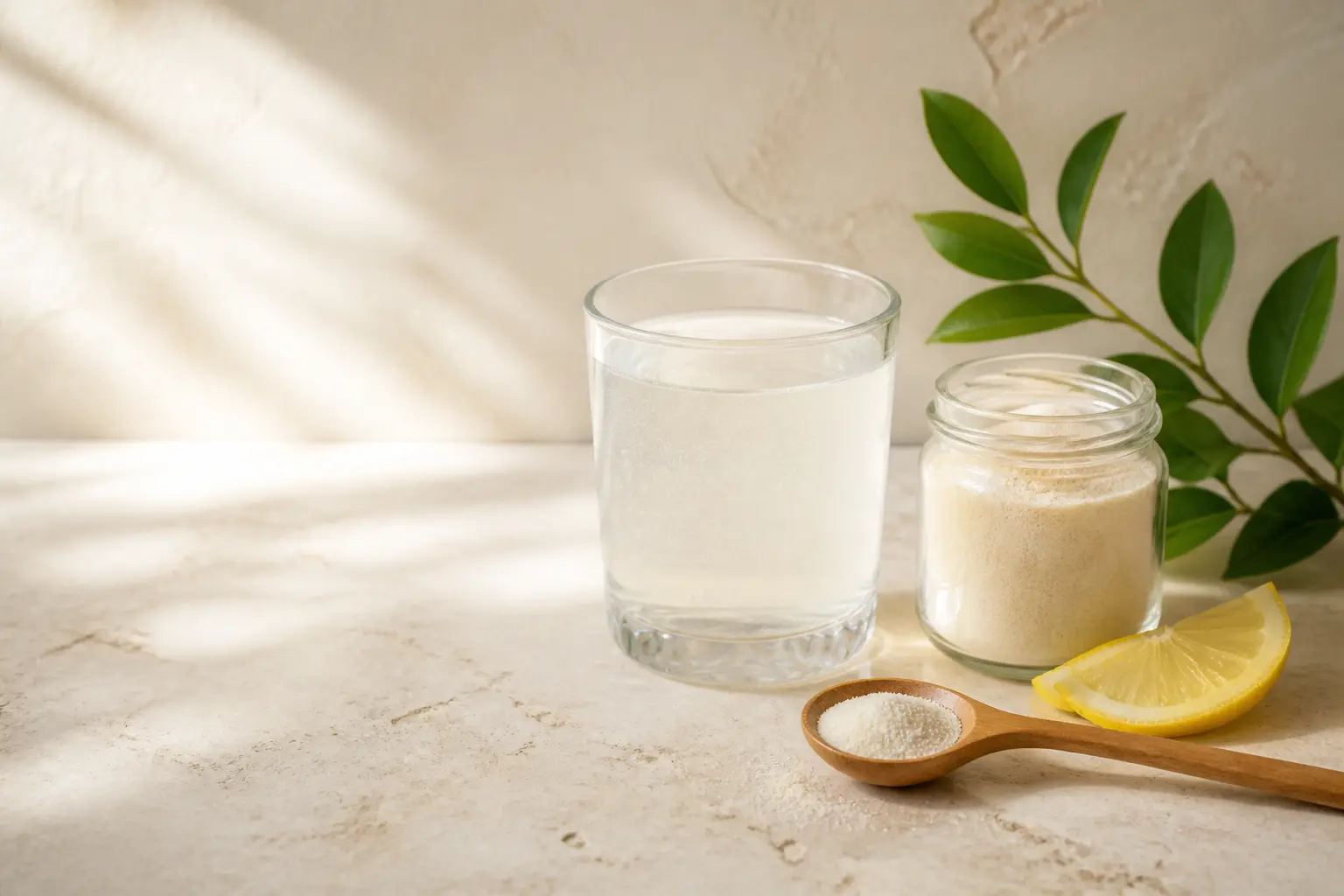 Vaso con colágeno disuelto, polvo de colágeno, cuchara medidora y limón